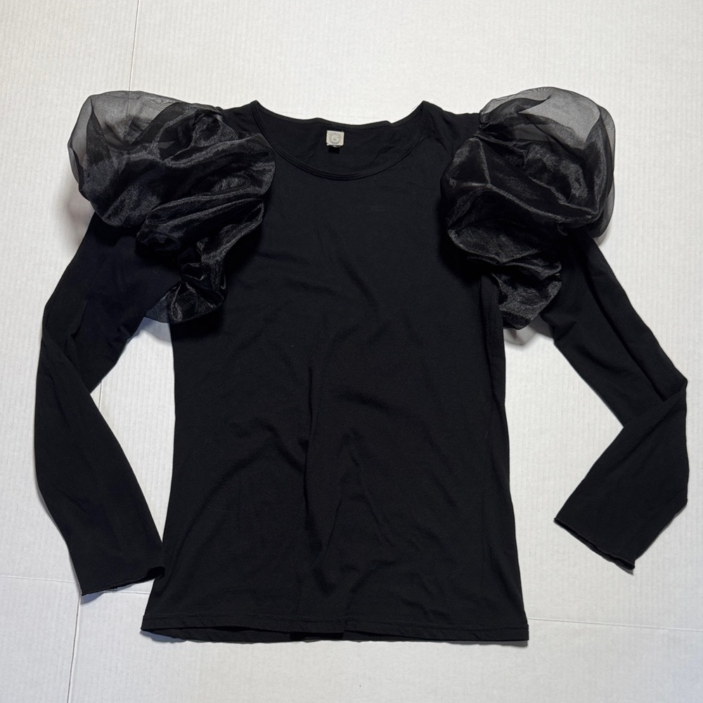 Women's Black Sheer‎ Organza Puff Shoulder Long Sleeve Cotton Blouse Size L